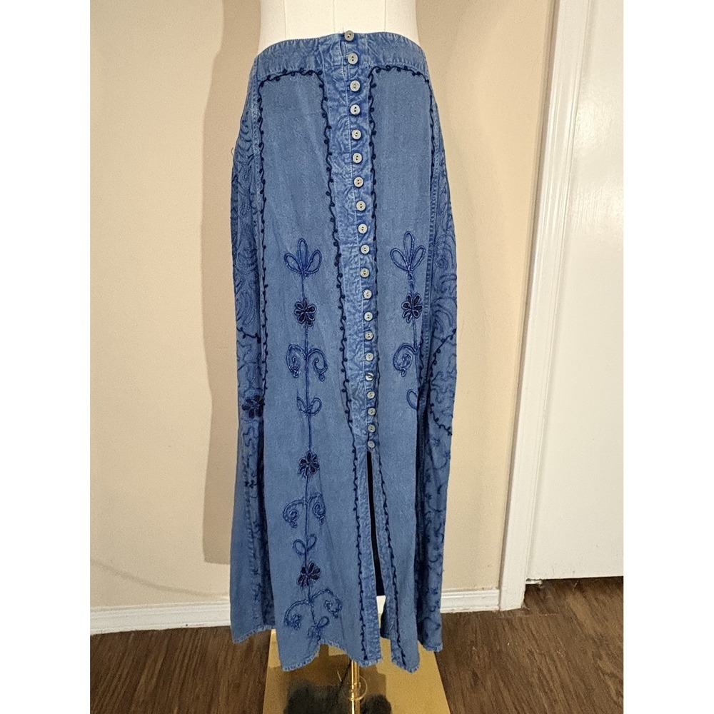 VTG Sportique Maxi Skirt Women XL Blue Embroidered Flowers Lace Cottagecore Boho